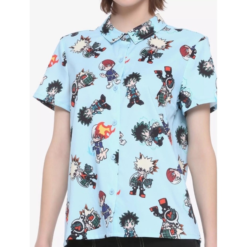 My Hero Academia‎ Funimation Hot Topic Button Up Shirt Size XS Chibi Heroes Blue